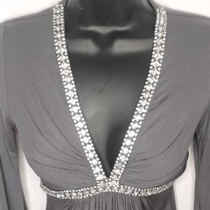 Grey Crystal Embellished Chest & Neck Flare Long Sleeve Top